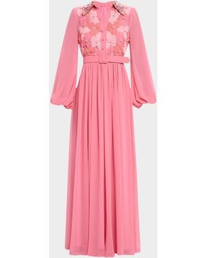 Badgley Mischka Belted Floral-Embroidered Shirt Gown - Pink