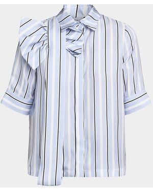 Dice Kayek Short-Sleeve Striped Silk Bow Button-Down Shirt - Blue