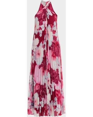 Emanuel Ungaro Ira Pleated Floral-Print Halter Gown - Red