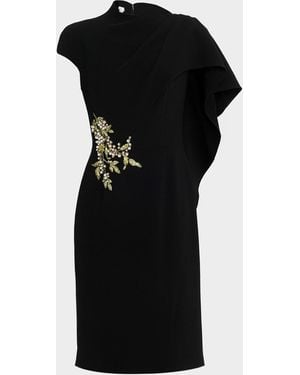 Teri Jon Draped Asymmetric Floral-Embellished Dress - Black