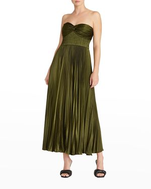 AMUR Ruched Bustier Pleated Ankle Dress - Green