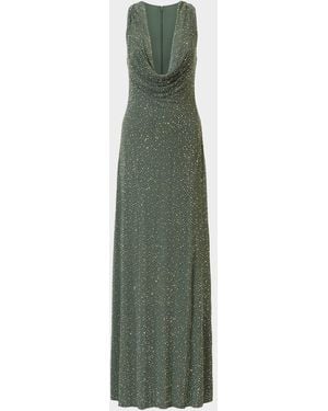 Halston Sunni Plunging Cowl-Neck Crystal Mesh Gown - Green