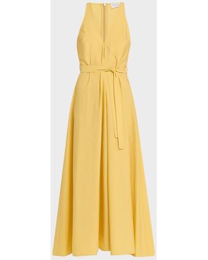 Brunello Cucinelli Sleeveless Belted Cotton Techno Poplin Midi Dress - Yellow