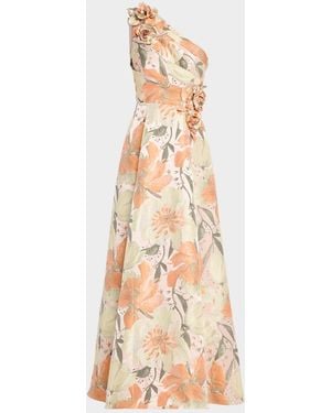 Aidan Mattox Pleated One-Shoulder Floral Jacquard Gown - Natural