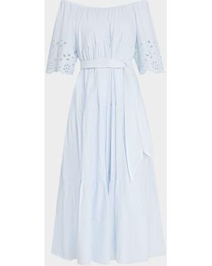 Merlette Berenson Tiered Eyelet-Embroidered Midi Dress - Blue