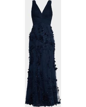 Aidan Mattox Embroidered Floral Applique Gown - Blue