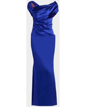 Talbot Runhof Asymmetric Draped Satin Gown - Blue
