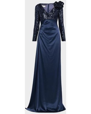Teri Jon Draped Sequin Satin Gown - Blue