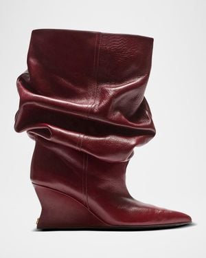 Balmain Draped Leather Wedge Ankle Boots - Red