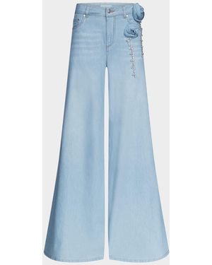 Area Crystal Rosette Wide Leg Jeans - Blue