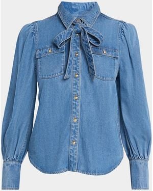 Cinq À Sept Adair Bishop-Sleeve Tie-Neck Chambray Blouse - Blue