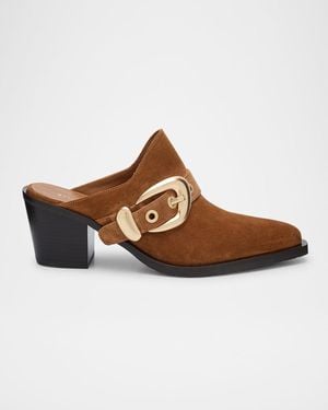 Stuart Weitzman Maven Suede Buckle Western Mules - Brown