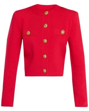 Balmain Buttoned Strong-Shoulder Knit Crop Jacket - Red