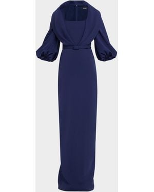 Badgley Mischka Draped Shawl-Collar Column Gown - Blue