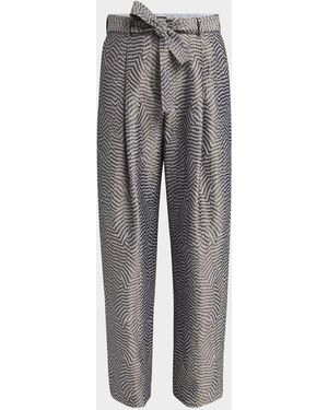Giorgio Armani Animalier Silk Jacquard Straight-Leg Paperbag Pants - Gray