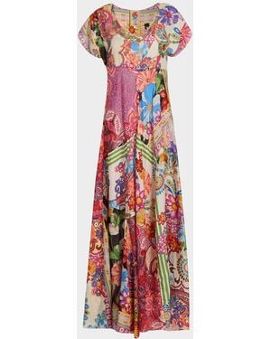 Johnny Was Patchwork Floral-Print Silk Maxi Dress - White