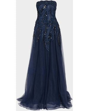 Teri Jon Floral-Embellished Tulle Strapless Gown - Blue