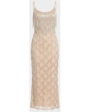 Mac Duggal Fringed Metallic Midi Dress - White