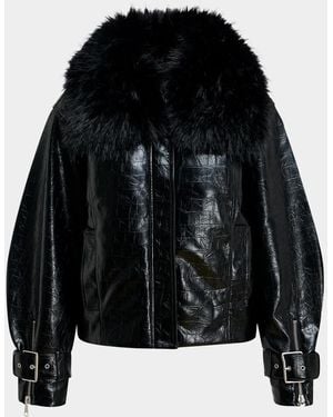 Essentiel Antwerp Kabuki Faux Leather Bomber Jacket With Faux-Fur Collar - Black