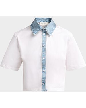 SER.O.YA Kelsie Stretch-Cotton Denim-Trim Top - Blue