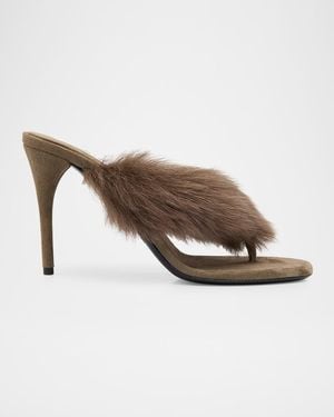 Alaïa 90Mm Shearling And Leather Thong Sandals - Brown