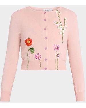 Oscar de la Renta Mixed Botanical Embroidered Crewneck Cardigan - Pink