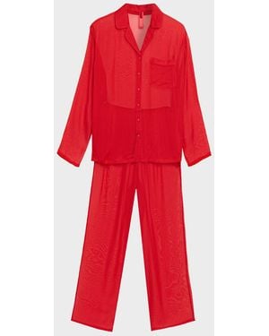 Skims Button-Down Sheer Silk Lounge Set - Red