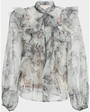 Maison Common African-Print Silk Chiffon Neck Scarf Blouse - Gray