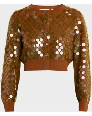 Zankov Sequined Cashmere Pointelle Knit Crop Cardigan - Brown