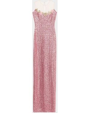 Naeem Khan Illusion Yoke Sequined Floral Applique Sleeveless Gown - Pink