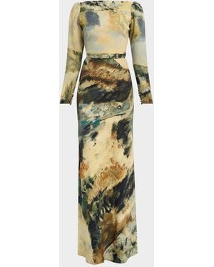 Libertine Modernist Landscape Belted Long-Sleeve Maxi Dress - Metallic