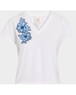 Cinq À Sept Floral Appliqué V-Neck Tee - Blue