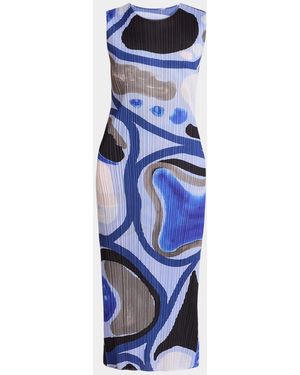 Issey Miyake Roll Printed Plisse Sleeveless Midi Dress - Blue
