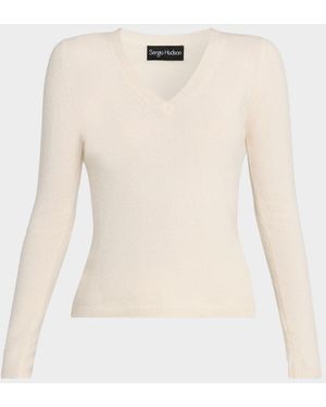 Sergio Hudson V-Neck Cotton-Cashmere Jersey Sweater - White
