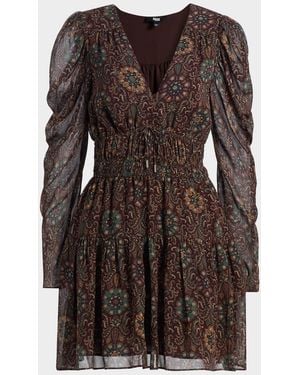PAIGE Aries Printed Long-Sleeve Silk Mini Dress - Brown