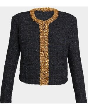 Balmain Beaded Metallic Tweed Collarless Jacket - Black