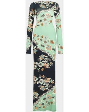 Roberto Cavalli Long-Sleeve Floral-Print Jersey Body-Con Maxi Dress - Green
