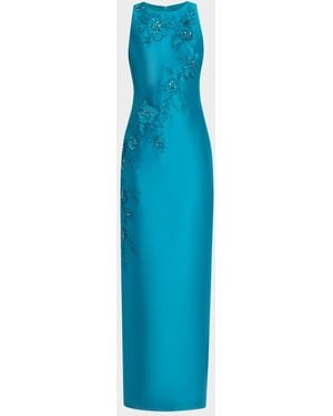 Badgley Mischka Beaded Floral Applique Column Gown - Blue
