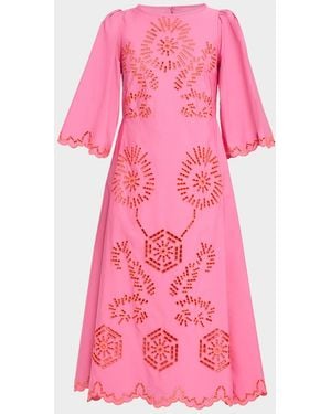 Maison Common Eyelet Embroidered Cotton 3/4-Sleeve Midi Dress - Pink