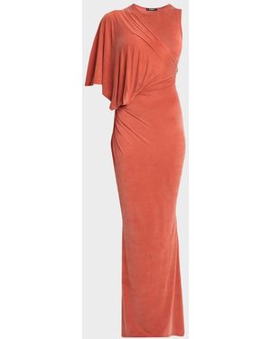 Balmain Asymmetric Draped Shoulder Gown - Red