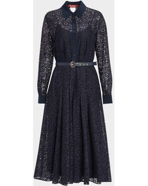 Max Mara Pleated Floral Lace Midi Shirtdress - Blue