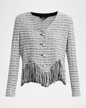 Misook Chevron Tweed Fringe-Trim Jacket - Gray
