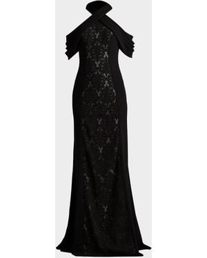 Tadashi Shoji Cold-Shoulder Corded Lace Gown - Black
