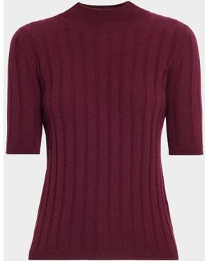Neiman Marcus Ribbed Cashmere Elbow-Sleeve Sweater - Red