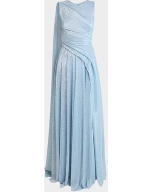 Talbot Runhof Draped Sleeveless Metallic Gown With Cape - Blue