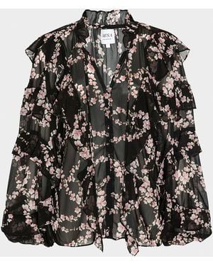 MISA Los Angles Lupe Chained Blossom Ruffled Chiffon Blouse - Black