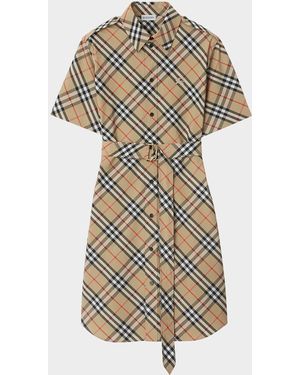 Burberry Check Short-Sleeve Belted Mini Shirtdress - Metallic