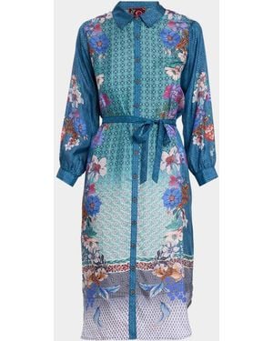 Johnny Was Arani Floral-Print Silk Midi Shirtdress - Blue