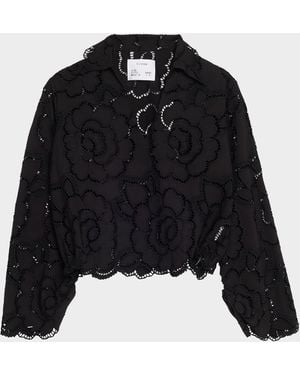 CISSA Floral Eyelet Embroidered V-Neck Blouse - Black