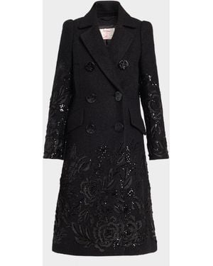 Maison Common Embroidered Boucle Double-Breasted Long Coat - Black